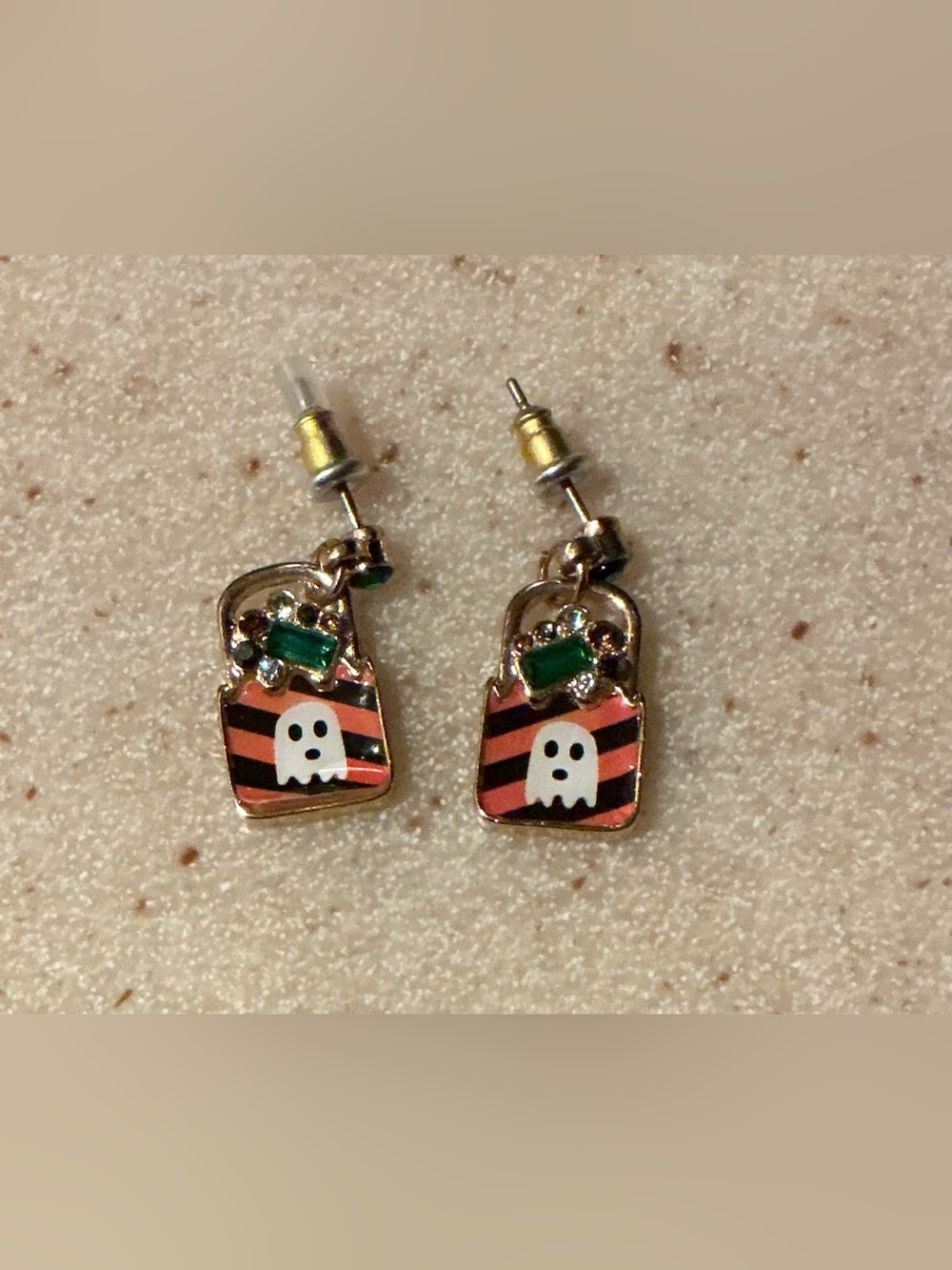 Playful Ghost Dangle Earrings in Orange and Black with Rhinestones
